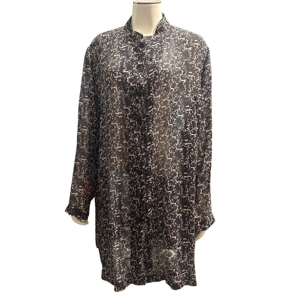 WinterSilks Size 2X Vintage Black Silk Top Sheer Abstract Print Euro Streetcore - Picture 2 of 9